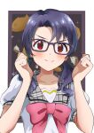  1girl :3 black-framed_eyewear black_background black_hair blush bow bowtie checkered_clothes clenched_hands collarbone commentary food glasses grey_sailor_collar hands_up hedgehog highres idolmaster idolmaster_million_live! idolmaster_million_live!_theater_days long_hair looking_at_viewer low_twintails pink_bow pink_bowtie puffy_short_sleeves puffy_sleeves red_eyes sailor_collar shirt short_sleeves solo sparkle taiyaki takayama_sayoko twintails twwibql2kktg5am upper_body v-shaped_eyebrows wagashi white_shirt 