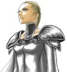  armor artist_request blue_eyes bodysuit breastplate claymore closed_mouth collar collarbone expressionless long_hair lowres pauldrons ponytail shoulder_pads simple_background skin_tight solo upper_body veronica_(claymore) white_background white_bodysuit 