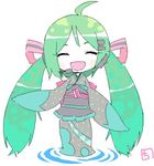  green_hair hatsune_miku headset japanese_clothes kirari_chito long_hair lowres microphone solo twintails very_long_hair vocaloid water 