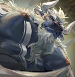  1boy ancient_greek_clothes animal_ears bara bare_pectorals beard blue_fur chest_hair closed_eyes cow_ears facial_hair foreshortening from_below full_beard furry furry_male greco-roman_clothes highres kotei_haijin large_pectorals long_beard looking_at_viewer male_focus mature_male meme minotaur muscular muscular_male nipples original pectoral_focus pectorals photo-referenced second-party_source short_hair shy solo sweat thick_eyebrows upper_body yur_oc_like_this_(meme) 