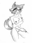 absurd_res animal_humanoid areola big_breasts bottomwear breasts canid canid_humanoid canine canine_humanoid chest_tuft clothing dog_humanoid efradraws exposed_breasts fangs female hair hi_res huge_breasts humanoid kobold mammal mammal_humanoid monochrome monster_girl_(genre) monster_musume navel nipples open_mouth polt_(monster_musume) simple_background smile solo tail teeth tuft