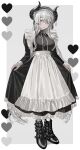  1girl absurdres apron belt_boots black_dress black_footwear black_horns boots border dress expressionless frilled_apron frills full_body gradient_background grey_background grey_eyes grey_hair heart highres horns long_hair looking_at_viewer maid maid_apron maid_headdress original outside_border pale_skin shiny_clothes simple_background solo standing very_long_hair white_apron white_border wind_in624 