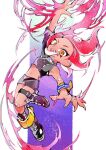  1girl :d agent_8_(splatoon) anklet arm_up artist_name black_footwear black_shirt black_skirt blue_background boots booyah_bomb_(splatoon) commentary_request crop_top fangs floating_hair full_body gradient_background highres jewelry leg_belt long_hair midriff miniskirt navel octoling octoling_girl octoling_player_character open_mouth orange_eyes outside_border outstretched_arms pillarboxed purple_background red_hair satomori shirt single_sleeve skirt smile solo splatoon_(series) suction_cups teeth tentacle_hair upper_teeth_only wristband zipper zipper_pull_tab 