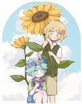  2boys basil_(faraway)_(omori) basil_(headspace)_(omori) basil_(omori) blonde_hair blue_eyes blue_overalls blush brown_shorts closed_mouth collared_shirt flower green_eyes green_hair green_shirt green_sweater_vest hair_flower hair_ornament head_wreath highres holding holding_flower looking_at_another mugi062 multiple_boys omori overall_shorts overalls shirt short_hair shorts smile sunflower sweater_vest white_shirt 