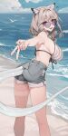  1girl :d animal_ears arknights bare_legs beach bikini bikini_top_only blue_nails blue_sky blush cat_ears cat_girl cat_tail cloud cloudy_sky day denim denim_shorts fangs feet_out_of_frame from_behind front-tie_bikini_top front-tie_top grey_bikini grey_hair grey_shorts gyaru_v hair_between_eyes hair_intakes highres horizon kamameshi_gougoumaru legs_apart looking_at_viewer looking_back medium_hair nail_polish ocean open_mouth outdoors outstretched_arm pink_eyes round_eyewear shore short_shorts shorts simple_bird sky slit_pupils smile solo striped_bikini striped_clothes sunglasses swimsuit tail tan tanlines thighs tinted_eyewear utage_(arknights) utage_(summer_flowers)_(arknights) v water 