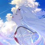  1girl :d album_cover blue_sky closed_eyes cloud cloudy_sky contrail cover cumulonimbus_cloud ear_piercing facing_up floating_hair hand_up highres hololive horns long_hair nakiri_ayame neckerchief official_art open_mouth piercing portrait profile red_neckerchief sailor_collar school_uniform second-party_source shirt sidelocks sky smile solo teeth upper_teeth_only virtual_youtuber white_hair white_sailor_collar white_shirt wind yuribou 