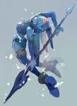 absurdres armor bent_back blue_eyes blue_helmet blue_shirt fairy_leviathan_(mega_man) fins forehead_jewel from_behind head_fins highres holding holding_polearm holding_weapon lance looking_at_viewer looking_back mega_man_(series) mega_man_zero_(series) polearm shirt submerged tanaka_(is2_p) twitter_username underwater watermark weapon 