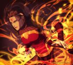  1girl armor artist_name avatar_legends bad_deviantart_id bad_id black_nails brown_hair closed_mouth english_text fire lips long_hair nail_polish p&#039;li_(the_legend_of_korra) pyrokinesis red_eyes red_lips signature solo the_art_mage the_legend_of_korra third_eye upper_body 