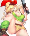  1girl belt blonde_hair bow breasts cleavage crop_top dragon_ball dragon_ball_(classic) fingerless_gloves gloves green_eyes gun hair_bow head_tilt holding holding_gun holding_weapon lunch_(bad)_(dragon_ball) lunch_(dragon_ball) no_bra ommmyoh red_bow short_shorts shorts sitting smile solo unaligned_breasts weapon 
