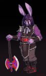 absurd_res anthro armor armwear arthur_(lapinbeau) axe axe_guitar barbarian black_background boots clothing fantasy footwear fur guitar hair half-closed_eyes hi_res lagomorph lapinbeau leather leather_armwear leather_clothing leporid long_hair male mammal musical_instrument narrowed_eyes plucked_string_instrument purple_body purple_fur purple_hair rabbit simple_background smile solo string_instrument