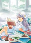  :/ bobby_socks book book_focus crescent crescent_hair_ornament forest hair_ornament long_hair nature patchouli_knowledge pile_of_books purple_hair red_eyes scroll sitting sitting_on_books socks solo tes_(unpre) touhou tree 
