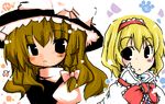  :&lt; =3 alice_margatroid bangs black_eyes blonde_hair blush_stickers eyebrows_visible_through_hair hair_ribbon hairband hat hat_ribbon kirisame_marisa multiple_girls puffy_short_sleeves puffy_sleeves ribbon short_sleeves simple_background togashi_yuu touhou tress_ribbon vest white_background white_ribbon witch_hat 