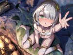  1girl arm_support barefoot blush breasts from_above green_eyes grey_hair hair_ornament isemori looking_at_viewer navel nipples no_panties one_breast_out one_eye_closed open_mouth original outdoors small_breasts solo thighhighs tiara white_thighhighs 