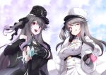  2girls ;p arm_under_breasts azur_lane black_coat black_gloves black_hair black_ribbon blue_gloves breasts coat fur-trimmed_coat fur_trim gloves gradient_hair hair_ribbon hat heart highres large_breasts long_hair long_sleeves looking_at_viewer multicolored_hair multiple_girls one_eye_closed one_side_up open_mouth pamiat_merkuria_(azur_lane) pamiat_merkuria_(meta)_(azur_lane) peaked_cap purple_hair red_eyes ribbon shiruppo sideboob smile tongue tongue_out white_coat 