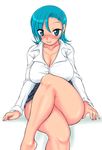  blue_eyes blue_hair blush breasts bursting_breasts cleavage copyright_request crossed_legs curvy earrings glasses hips huge_breasts jewelry konmori_(kinbou_sokai) miniskirt nail_polish necklace pencil_skirt pink_nails short_hair sitting skirt solo wide_hips 