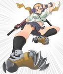  blue_eyes copyright_request gloves itou_(onsoku_tassha) kicking red_eyes skirt socks solo sword weapon 