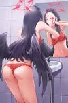  1girl absurdres ass black_hair black_wings blue_archive bra breasts closed_eyes closed_mouth eyelash_curler feathered_wings hair_ornament hairclip halo highres ichika_(blue_archive) long_hair medium_breasts mirror noomaru_(nomorepeople) panties red_bra red_halo red_panties reflection solo tile_wall tiles underwear underwear_only wings 