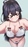  &gt;_&lt; 1girl absurdres ahoge black_hair blue_background bra breasts cleavage cowboy_shot frilled_bra frills from_above highres kantai_collection komakusa_roha large_breasts long_hair panties pout solo underwear ushio_(kancolle) white_bra white_panties 