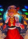  1girl blonde_hair bow bowtie cowboy_shot crystal dark_background fang flandre_scarlet glowing glowing_wings hand_on_own_cheek hand_on_own_face hat hat_ribbon kuraiaku looking_at_viewer medium_hair mob_cap multicolored_wings one_side_up open_clothes open_mouth open_vest outstretched_arm pointy_ears puffy_short_sleeves puffy_sleeves red_eyes red_ribbon red_skirt red_vest ribbon shirt short_sleeves simple_background skirt skirt_set solo touhou vest white_hat white_shirt wings wrist_cuffs yellow_bow yellow_bowtie 