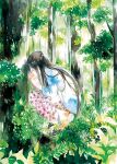 1girl black_hair closed_eyes covering_own_mouth day floral_print forest from_side long_hair making-of_available moekon mori_girl nature original outdoors painting_(medium) plant print_skirt profile sandals skirt solo squatting traditional_media tree watercolor_(medium) 