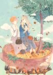  2girls acorn autumn autumn_leaves bag beret black_cat blonde_hair blue_jacket blue_sky blunt_bangs book brown_eyes cat closed_eyes closed_mouth cloud collared_shirt day dress eating falling_leaves food handbag hat holding holding_food inoue_haruka_(haruharu210) jacket leaf long_hair long_sleeves maple_leaf multiple_girls mushroom open_mouth original outdoors pantyhose pink_hair plaid plaid_dress ribbon shirt short_hair shoulder_bag sitting skirt sky smile traditional_media tree white_shirt 