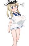  1girl absurdres blonde_hair blue_sailor_collar breasts cosplay dated dress feet_out_of_frame graf_zeppelin_(kancolle) grey_eyes hair_between_eyes hat hiburi_(kancolle) hiburi_(kancolle)_(cosplay) highres kantai_collection large_breasts long_hair maru_(marg0613) panties peaked_cap sailor_collar sailor_dress short_sleeves side-tie_panties sidelocks simple_background solo standing twintails twitter_username underwear white_background white_dress white_hat 