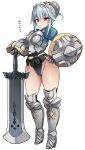  1girl :&lt; armor armored_boots blue_hair blush boots braid braided_bun breastplate buckler earrings full_body gloves hair_between_eyes hair_bun hairband hand_on_own_hip highres jewelry karukan_(monjya) leaning_on_weapon leotard leotard_under_clothes light_blue_hair looking_at_viewer open_mouth pink_eyes shield shiny_skin solo standing thick_thighs thighhighs thighhighs_under_boots thighs unicorn_overlord virginia_(unicorn_overlord) white_background 