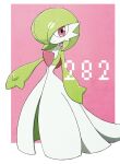  absurdres bob_cut colored_skin dress envi55109095 gardevoir gardevoir_day green_hair hair_over_one_eye highres looking_at_viewer multicolored_skin pink_background pink_eyes pokemon pokemon_(creature) simple_background smile two-tone_skin white_dress white_skin 