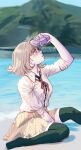  1girl arm_up artist_name beach black_shirt blush breasts brown_eyes brown_hair danganronpa_(series) danganronpa_2:_goodbye_despair dress_shirt handheld_game_console highres holding holding_handheld_game_console looking_up medium_breasts medium_hair miniskirt nanami_chiaki neck_ribbon no_shoes outdoors parted_lips pink_eyes pink_ribbon ribbon shirt shirt_tucked_in short_sleeves skirt solo teeth vioviniam_art white_shirt 