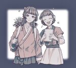  2girls :d arm_at_side backpack bag blush book bow chinese_clothes closed_eyes freckles hair_bow kusuriya_no_hitorigoto long_hair long_sleeves maomao_(kusuriya_no_hitorigoto) multiple_girls ruri963 short_hair smile standing xiaolan_(kusuriya_no_hitorigoto) 