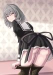  1girl ass assault_lily black_pantyhose black_skirt blurry blurry_background blush chin_gero clothes_pull commentary_request cropped_jacket cum cum_in_pussy cumdrip feet_out_of_frame from_behind grey_hair hair_between_eyes half-closed_eyes hata_matsuri high-waist_skirt highres implied_after_sex indoors juliet_sleeves leaning_forward light_smile long_sleeves looking_at_viewer looking_back medium_hair no_panties pantyhose pantyhose_pull puffy_sleeves pulled_by_self purple_eyes school_uniform skirt solo standing yurigaoka_girls_academy_school_uniform 