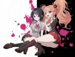  2girls :d ass bear_hair_ornament black_background black_footwear black_hair black_panties black_shirt blonde_hair blood boots bow breasts brown_skirt chk_(dgrp_chico) cleavage collarbone danganronpa:_trigger_happy_havoc danganronpa_(series) enoshima_junko hair_ornament ikusaba_mukuro knee_boots large_breasts multiple_girls neck_ribbon panties pink_blood pleated_skirt red_bow red_ribbon red_skirt ribbon shirt short_hair siblings sisters skirt smile teeth tongue twintails underwear white_background 