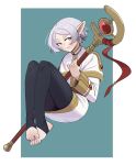  1girl alternate_hairstyle black_leggings border earrings elf english_commentary frieren gold_trim green_background highres holding holding_staff jewelry knees_up leggings looking_at_viewer netfrost no_shoes pointy_ears sousou_no_frieren staff stirrup_legwear toeless_legwear white_border white_hair white_tunic 