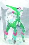  absurdres black_sclera closed_mouth colored_sclera commentary_request glowing highres iron_leaves joints long_neck no_humans non-humanoid_robot on_grass pokemon pokemon_(creature) red_eyes robot standing white_background zeroartwo 
