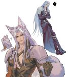  1boy ? ^^^ animal_ears armor bangle belt black_belt black_coat black_footwear black_gloves black_pants blue_eyes boots bracelet chest_strap chinese_commentary clenched_hand coat collarbone commentary_request crossed_ankles crossed_arms facing_away final_fantasy final_fantasy_vii final_fantasy_vii_remake fox_boy fox_ears fox_tail gloves grey_hair hand_up high_collar highres invisible_wall jewelry kemonomimi_mode knee_boots leaning_forward light_smile long_bangs long_coat long_hair long_sleeves looking_to_the_side male_focus multiple_belts multiple_views open_clothes open_coat pants parted_bangs pauldrons pectoral_cleavage pectorals sephiroth shoulder_armor slit_pupils speech_bubble tail very_long_hair white_background yan_river 