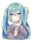  1girl :| aoiyui bandaid bandaid_on_cheek bandaid_on_face bandaid_on_nose blue_eyes blue_hair blue_nails blush closed_mouth collared_shirt cropped_torso dot_nose gauze_on_cheek gauze_on_hand grey_sweater hair_between_eyes hatsune_miku highres long_hair long_sleeves looking_at_viewer nail_polish rolling_girl_(vocaloid) school_uniform shirt sidelocks solo sparkle sweater twintails v-neck vocaloid white_background white_shirt 