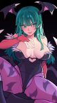  absurdres animal_print bat_print black_leotard breasts green_eyes green_hair head_wings highres large_breasts leotard morrigan_aensland slammo smile strapless strapless_leotard thighs vampire_(game) wings 