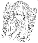  1girl blunt_bangs celestia_ludenberg claw_ring closed_mouth collared_shirt cropped_torso danganronpa_(series) danganronpa_2:_goodbye_despair dress_shirt drill_hair earrings fanren_fancai_qing_gengcai greyscale hand_up jacket jewelry monochrome necktie shirt smile solo twin_drills twintails 