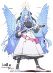  1girl angel_wings belt belt_pouch black_ribbon blood blood_drip blood_on_weapon blue_archive blue_hair blue_wings bow bowtie braid breasts buttons commentary_request dr_yamero dress full_body gloves gown green_eyes gun hair_ribbon halo hat highres holding holding_gun holding_weapon juliet_sleeves large_breasts light_blue_hair long_sleeves mine_(blue_archive) nurse_cap pink_belt pink_bow pink_bowtie pointy_ears pouch puffy_sleeves ribbon solo translation_request twin_braids weapon white_background white_dress white_gloves white_headwear wings 