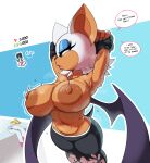  1girl absurdres animal_ears animal_nose armpits arms_up bat_ears bat_girl bat_tail blue_eyeshadow breasts dark_nipples english_text eyeshadow furry furry_female highres huge_breasts large_areolae like_and_retweet makeup mekaatomic meme nipples rouge_the_bat solo sonic_(series) sonic_riders speech_bubble steaming_body sweat twitter_strip_game_(meme) undressing very_sweaty white_fur 