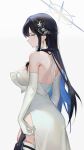  1girl back bare_shoulders black_hair blue_archive blue_eyes blue_hair blue_halo braid breasts choker colored_inner_hair dress earrings elbow_gloves evening_gown garter_straps gloves halo highres jewelry knife_sheath long_hair looking_at_viewer multicolored_hair o0oherb official_alternate_costume saori_(blue_archive) saori_(dress)_(blue_archive) sheath side_slit sidelocks simple_background solo strapless strapless_dress thigh_sheath white_background white_choker white_dress white_gloves 
