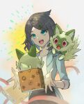  1girl black_hair blue_eyes blue_jacket box gift gift_box green_fur green_tail hair_ornament hairclip highres jacket liko_(pokemon) open_mouth pokemon pokemon_(anime) pokemon_(creature) pokemon_horizons red_eyes ribbon shirt short_hair sprigatito surprised teeth upper_teeth_only white_background white_shirt youmicitrustea 