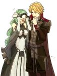  1boy 1girl :d artist_name belt blonde_hair brown_coat cape coat commentary_request couple dress elbow_gloves epaulettes fire_emblem fire_emblem_echoes:_shadows_of_valentia gloves green_hair highres long_hair mask notice_lines official_style open_mouth red_cape shidanna1227 short_hair simple_background smile standing tatiana_(fire_emblem) twitter_username white_background white_dress white_gloves zeke_(fire_emblem) 