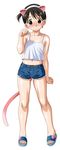  animal_ears arm_at_side bangs bare_arms bare_shoulders black_hair blue_shorts blush brown_eyes cat_ears cat_tail closed_mouth collarbone denim denim_shorts eyebrows_visible_through_hair fake_animal_ears flat_chest full_body hairband hand_up heart highres ichigo_mashimaro itou_chika legs_apart looking_at_viewer navel nose_blush paw_pose sandals shirt short_hair shorts side_ponytail simple_background smile solo standing tail tank_top tareme toenails white_background white_hairband white_shirt yanagi_hirohiko 