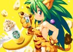  1girl animal_ears animal_hands animal_print banana banana_slice big_hair blush brand_name_imitation breasts cat_ears cat_tail cham_cham claws covered_nipples cup disposable_cup dress food food-themed_background frappuccino from_side fruit gloves green_eyes green_hair hair_bobbles hair_ornament halter_dress halterneck hand_on_own_hip holding holding_cup long_hair no_bra paw_gloves print_dress samurai_spirits sideways_glance solo starbucks tail tiger_print torn_clothes whipped_cream yellow_background yu_3 