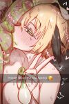  blonde_hair blush_stickers breasts condom ebora emoji fate/grand_order fate_(series) gareth_(fate) green_eyes green_lips hair_flaps highres large_breasts lipstick_mark lipstick_mark_on_penis looking_at_viewer penis used_condom v 