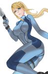  1girl blonde_hair blue_bodysuit blue_eyes bodysuit bracelet breasts commentary feet_out_of_frame floating_hair gun hair_between_eyes hand_up handgun high_collar high_ponytail highres holding holding_gun holding_weapon jewelry large_breasts long_hair looking_at_viewer metroid mole mole_under_mouth parted_lips samus_aran solo uukkaa weapon white_background zero_suit 