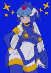  1girl absurdres android blue_background blue_eyes blue_headwear breasts buzzlyears covered_navel crop_top crotch_plate fairy_leviathan_(mega_man) helmet highres looking_at_viewer mega_man_(series) mega_man_zero_(series) simple_background solo star_(symbol) upper_body 