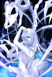  1girl blood blue_blood blue_eyes blue_flower blue_rose blue_theme bone colored_skin dinosaur_skeleton dress flower fossil goma_irasuto highres horns long_hair looking_at_viewer original rose shirt sleeveless very_long_hair white_dress white_hair white_shirt white_skin white_theme 