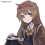  1girl alonemistrist book bow bowtie brown_coat brown_eyes brown_hair closed_mouth coat hairband holding holding_book library_of_ruina long_hair looking_at_viewer malkuth_(project_moon) project_moon red_hairband smile solo white_background 